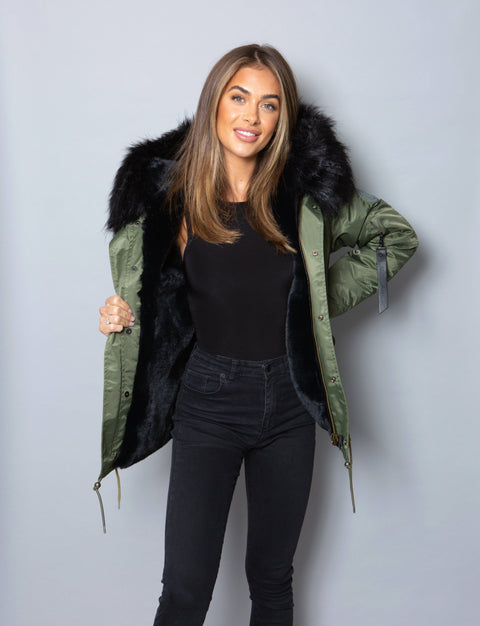 Womens Real Look Faux Fur Parka with Black Faux Fur - Bobbi Parka