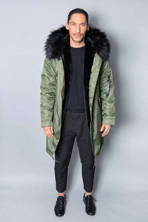 Mens Real Look Faux Fur Collar Parka Jacket with Black Lining 3/4 - Bobbi Parka
