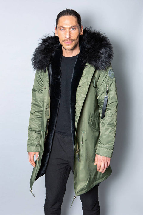 Mens Real Look Faux Fur Collar Parka Jacket with Black Lining 3/4 - Bobbi Parka