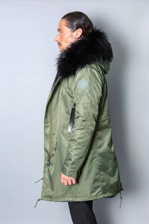 Mens Real Look Faux Fur Collar Parka Jacket with Black Lining 3/4 - Bobbi Parka