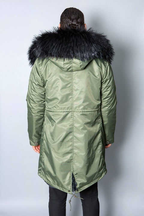 Mens Real Look Faux Fur Collar Parka Jacket with Black Lining 3/4 - Bobbi Parka