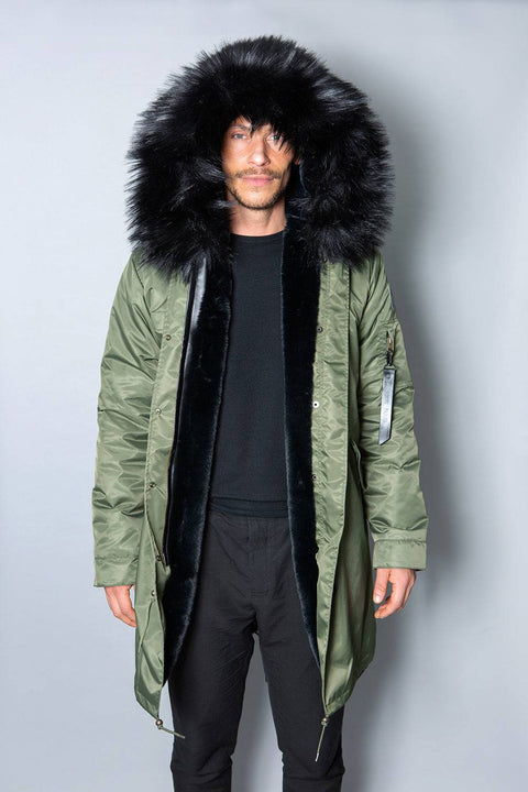 Mens Real Look Faux Fur Collar Parka Jacket with Black Lining 3/4 - Bobbi Parka