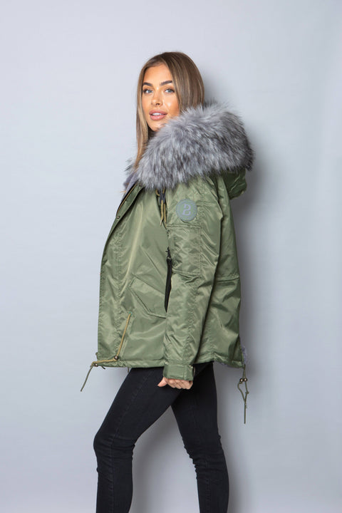 Womens Real Look Faux Fur Parka with Grey Faux Fur - Bobbi Parka