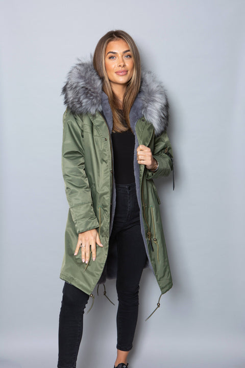 Womens Real Look Faux Fur Collar Parka Jacket with Grey Faux Fur Lining 3/4 - Bobbi Parka