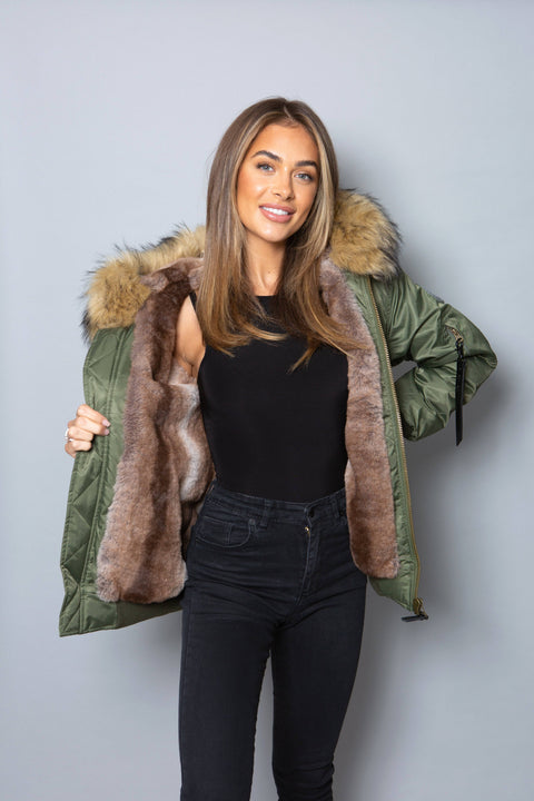Womens Real Look Faux Fur Bomber with Natural Faux Fur - Bobbi Parka