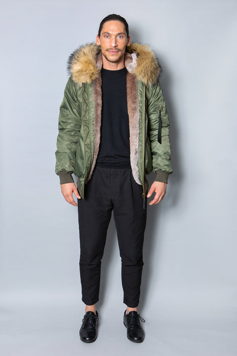 Mens Real Look Faux Fur Bomber Jacket with Natural Lining