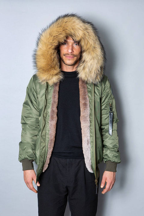 Mens Real Look Faux Fur Bomber Jacket with Natural Lining - Bobbi Parka
