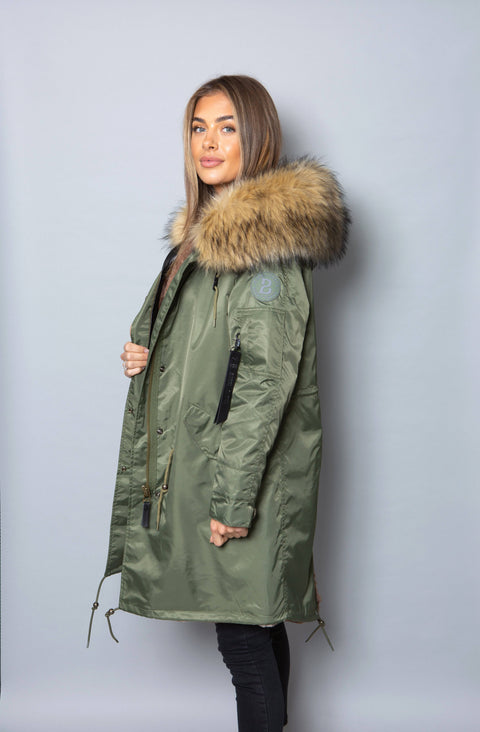 Sale Womens Real Look Faux Fur Collar Parka Jacket with Natural Faux Fur Lining 3/4 - Bobbi Parka