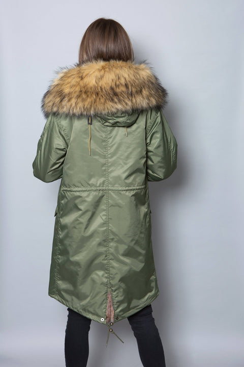 Sale Womens Real Look Faux Fur Collar Parka Jacket with Natural Faux Fur Lining 3/4 - Bobbi Parka