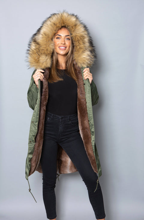Sale Womens Real Look Faux Fur Collar Parka Jacket with Natural Faux Fur Lining 3/4 - Bobbi Parka