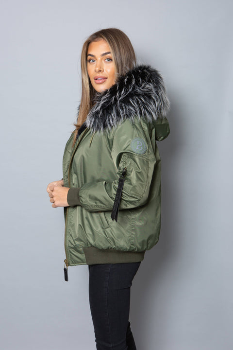 Womens Real Look Faux Fur Bomber with Black Faux Fur - Bobbi Parka