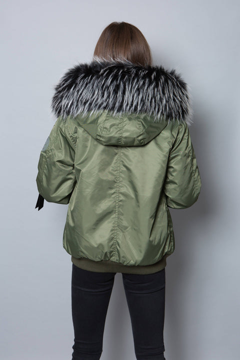 Womens Real Look Faux Fur Bomber with Black Faux Fur - Bobbi Parka