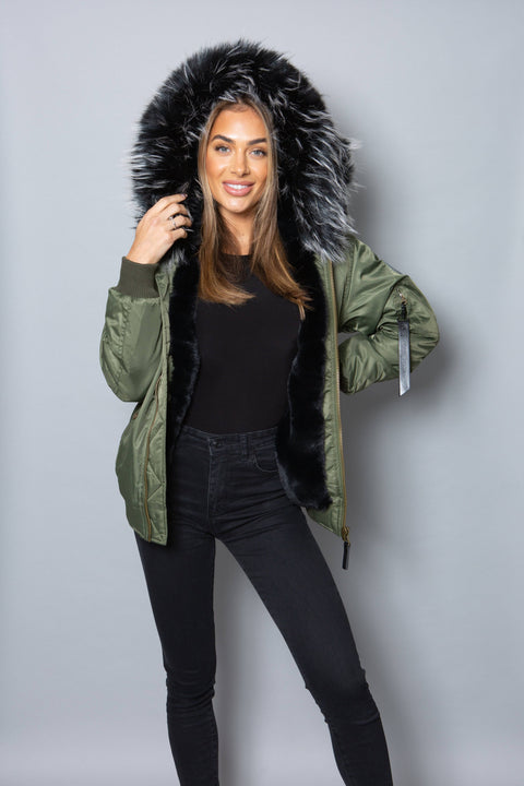 Womens Real Look Faux Fur Bomber with Black Faux Fur - Bobbi Parka