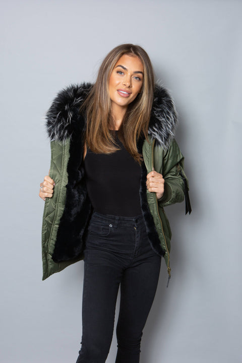 Womens Real Look Faux Fur Bomber with Black Faux Fur - Bobbi Parka
