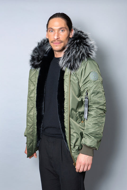Mens Real Look Faux Fur Bomber Jacket with Black Lining - Bobbi Parka
