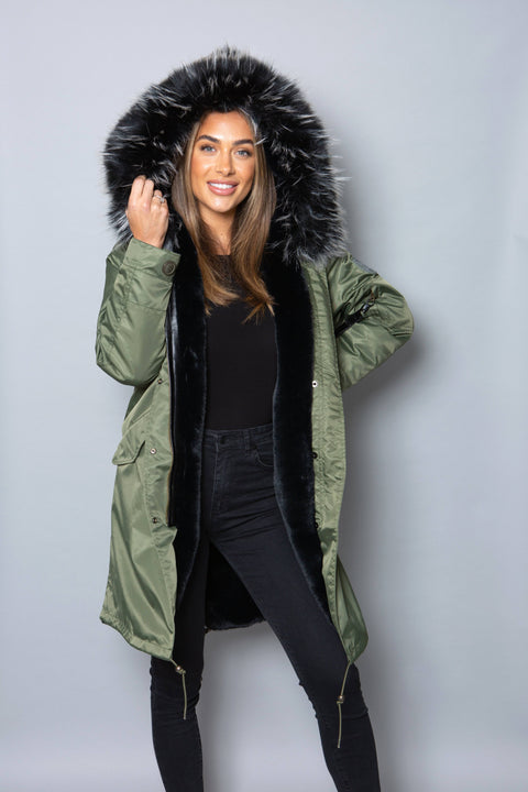 Womens Real Look Faux Fur Collar Parka Jacket with Black Faux Fur Lining 3/4 - Bobbi Parka