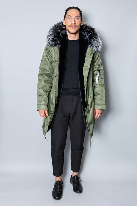 Mens Real Look Faux Fur Collar Parka Jacket with Black Lining 3/4 - Bobbi Parka