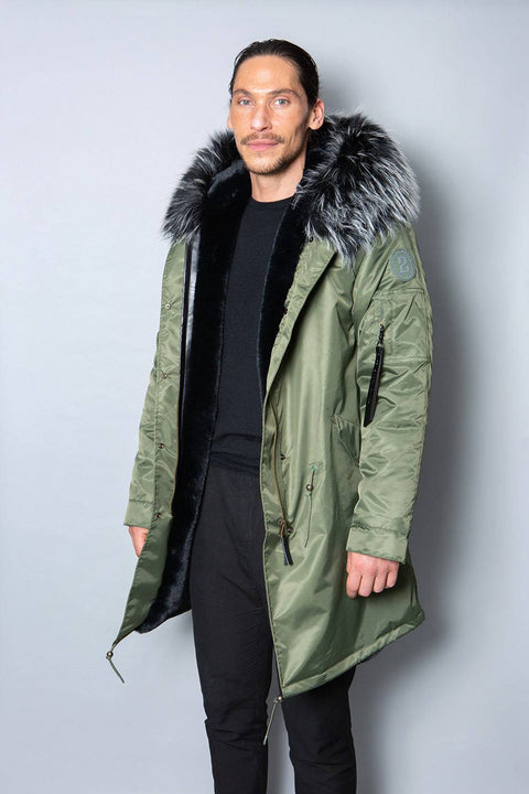 Mens Real Look Faux Fur Collar Parka Jacket with Black Lining 3/4 - Bobbi Parka