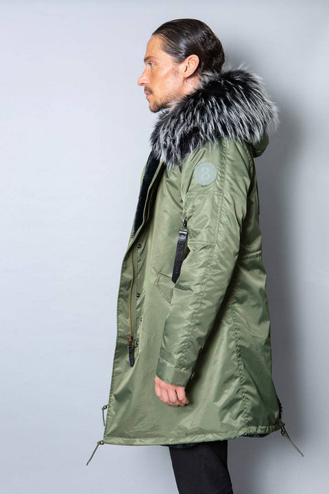 Mens Real Look Faux Fur Collar Parka Jacket with Black Lining 3/4 - Bobbi Parka