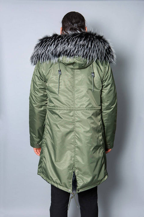 Mens Real Look Faux Fur Collar Parka Jacket with Black Lining 3/4 - Bobbi Parka