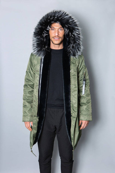 Mens Real Look Faux Fur Collar Parka Jacket with Black Lining 3/4 - Bobbi Parka