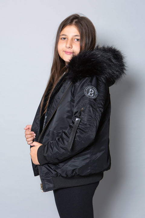 Kids Faux Fur Collar Bomber Jacket with Black Faux Fur - Bobbi Parka