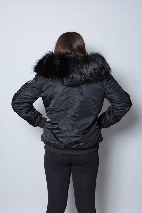 Kids Faux Fur Collar Bomber Jacket with Black Faux Fur - Bobbi Parka