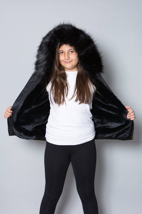 Kids Faux Fur Collar Bomber Jacket with Black Faux Fur - Bobbi Parka