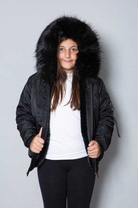 Kids Faux Fur Collar Bomber Jacket with Black Faux Fur - Bobbi Parka