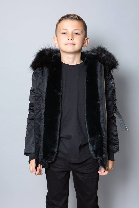 Kids Faux Fur Collar Bomber Jacket with Black Faux Fur - Bobbi Parka