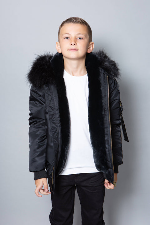Kids Faux Fur Collar Bomber Jacket with Black Faux Fur - Bobbi Parka
