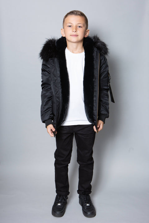 Kids Faux Fur Collar Bomber Jacket with Black Faux Fur - Bobbi Parka