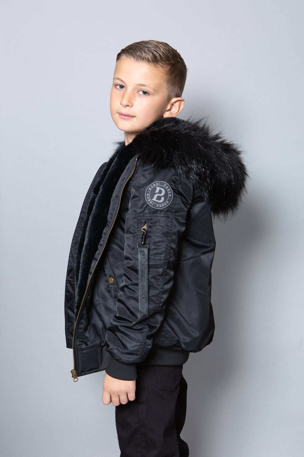 Kids Faux Fur Collar Bomber Jacket with Black Faux Fur Bobbi Parka