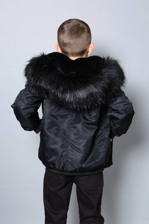 Kids Faux Fur Collar Bomber Jacket with Black Faux Fur - Bobbi Parka
