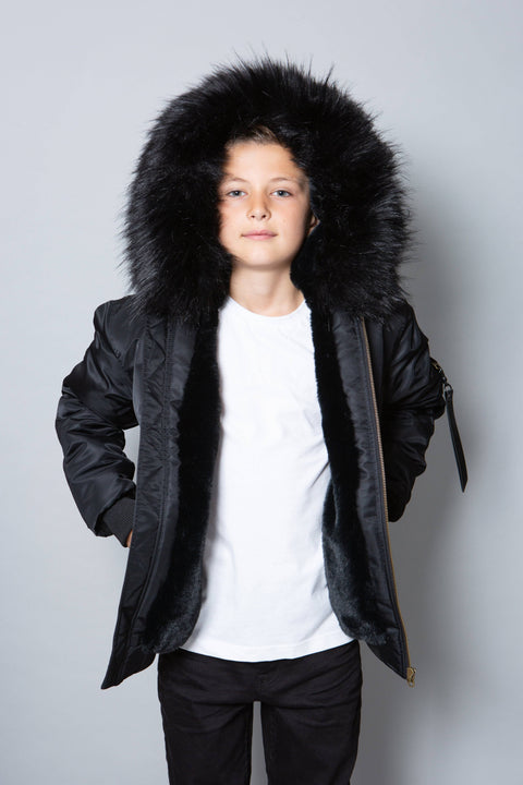 Kids Faux Fur Collar Bomber Jacket with Black Faux Fur - Bobbi Parka