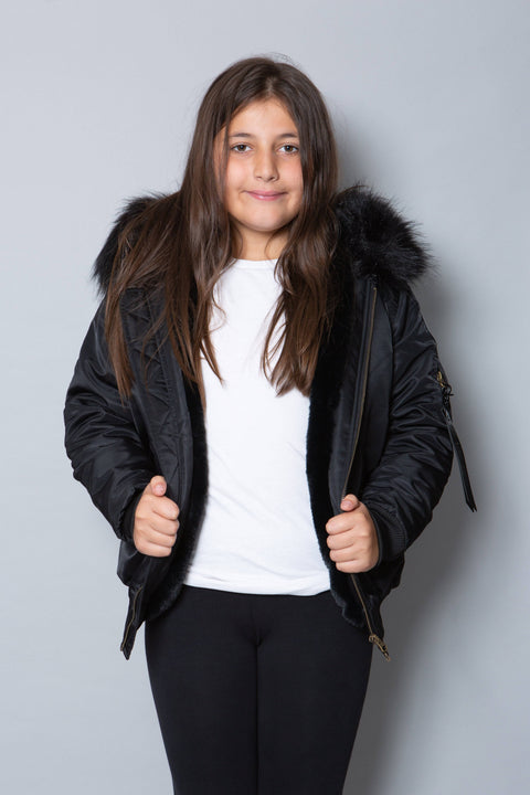 Kids Faux Fur Collar Bomber Jacket with Black Faux Fur - Bobbi Parka