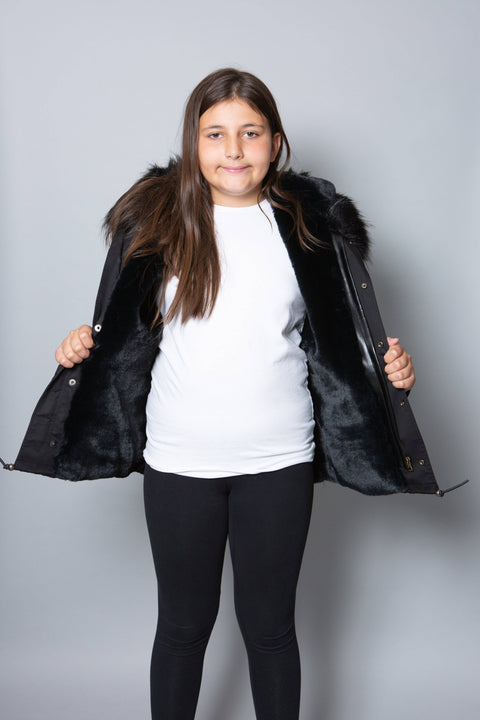 Kids Faux Fur Collar Parka Jacket with Black Faux Fur - Bobbi Parka