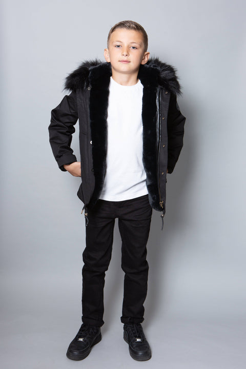 Kids Faux Fur Collar Parka Jacket with Black Faux Fur - Bobbi Parka