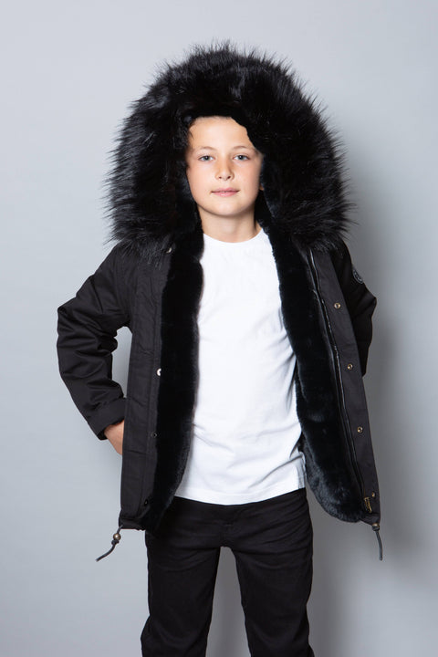 Kids Faux Fur Collar Parka Jacket with Black Faux Fur - Bobbi Parka