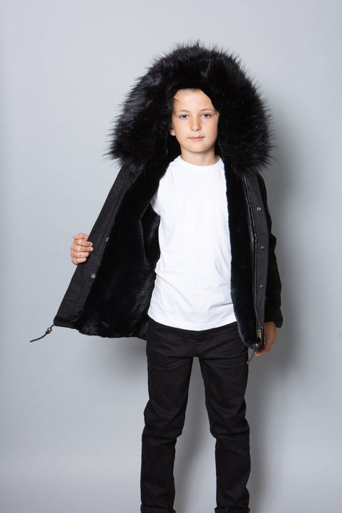 Kids Faux Fur Collar Parka Jacket with Black Faux Fur - Bobbi Parka