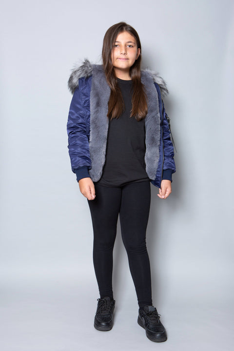 Kids Faux Fur Collar Bomber Jacket with Grey Faux Fur - Bobbi Parka