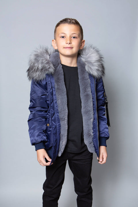 Kids Faux Fur Collar Bomber Jacket with Grey Faux Fur - Bobbi Parka