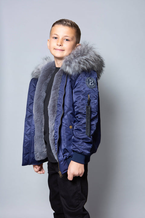 Kids Faux Fur Collar Bomber Jacket with Grey Faux Fur - Bobbi Parka