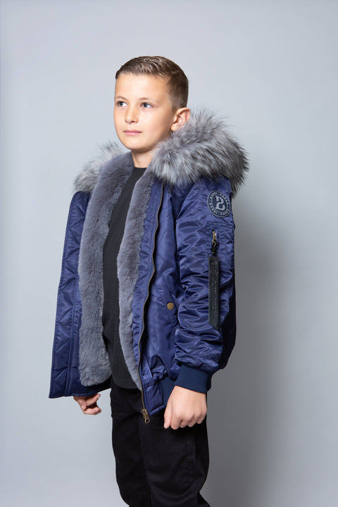 Kids Faux Fur Collar Bomber Jacket with Black Faux Fur - Bobbi Parka