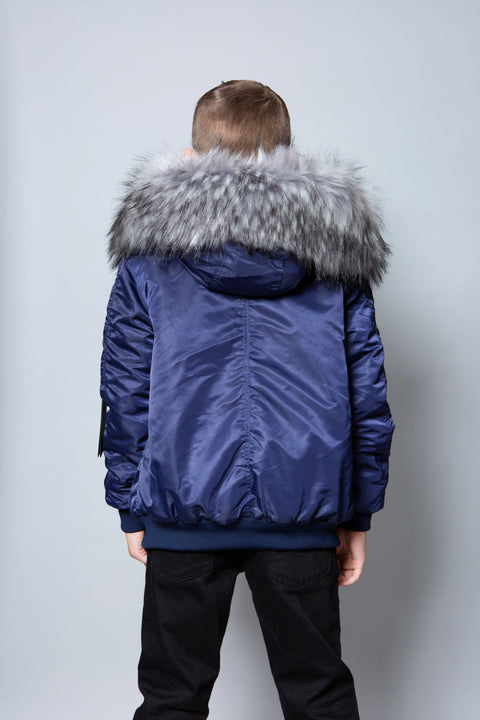 Kids Faux Fur Collar Bomber Jacket with Black Faux Fur - Bobbi Parka