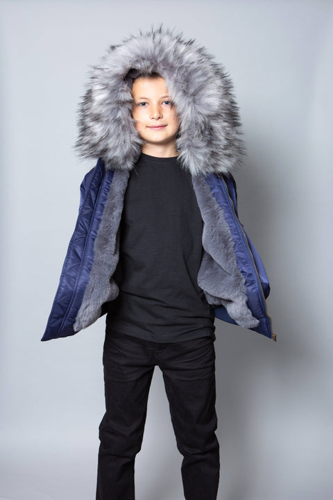 Kids Faux Fur Collar Bomber Jacket with Grey Faux Fur - Bobbi Parka