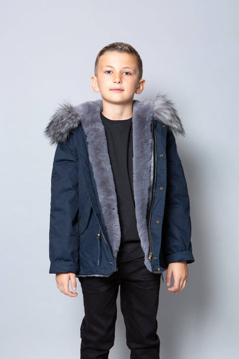 Kids Faux Fur Collar Parka Jacket with Grey Faux Fur - Bobbi Parka