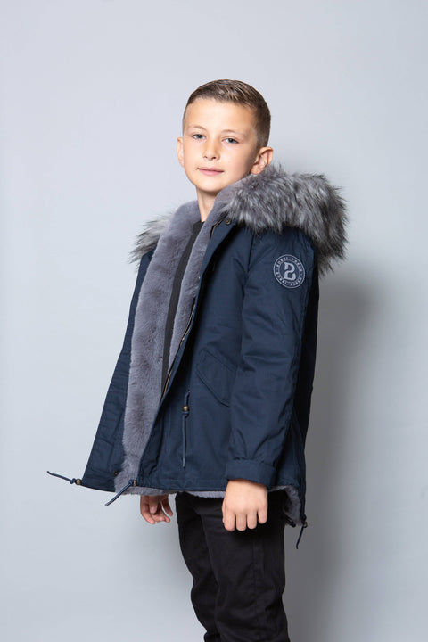 Kids Faux Fur Collar Parka Jacket with Grey Faux Fur - Bobbi Parka