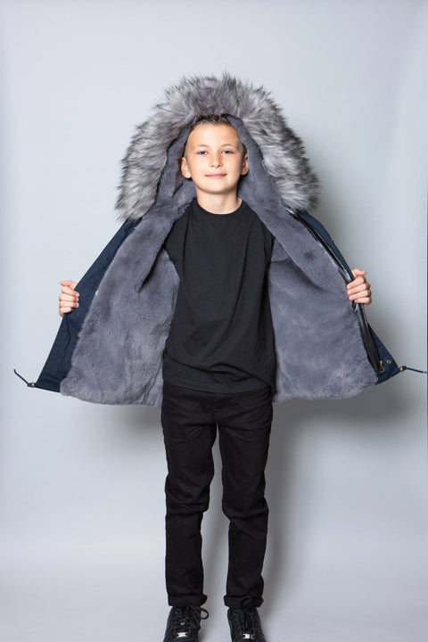 Kids Faux Fur Collar Parka Jacket with Grey Faux Fur - Bobbi Parka
