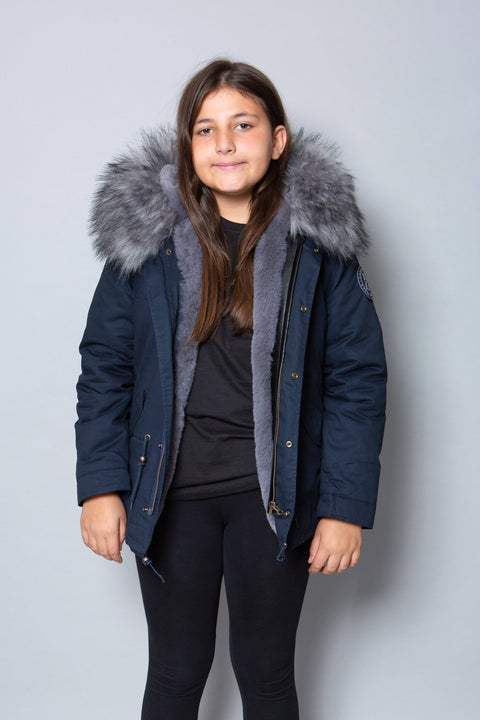 Kids Faux Fur Collar Parka Jacket with Grey Faux Fur - Bobbi Parka